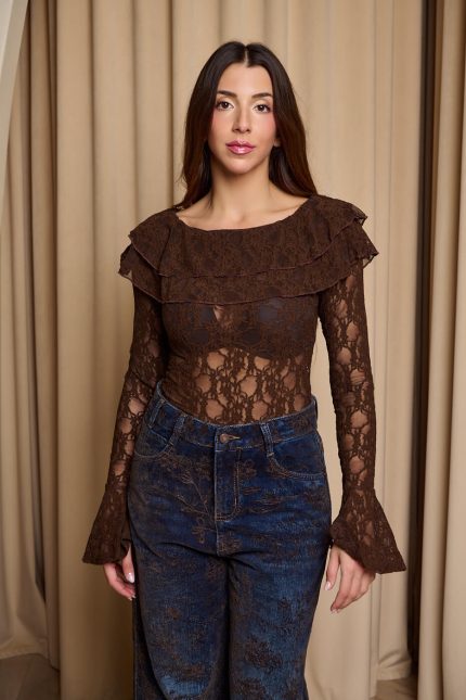 Μπλούζα με βολάν και δαντέλα καφέ