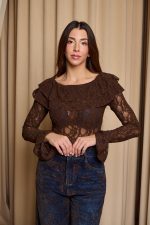 Μπλούζα με βολάν και δαντέλα καφέ - Image 3