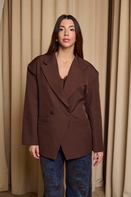 Σακάκι oversized με ζώνη καφέ
