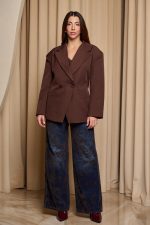 Σακάκι oversized με ζώνη καφέ - Image 2