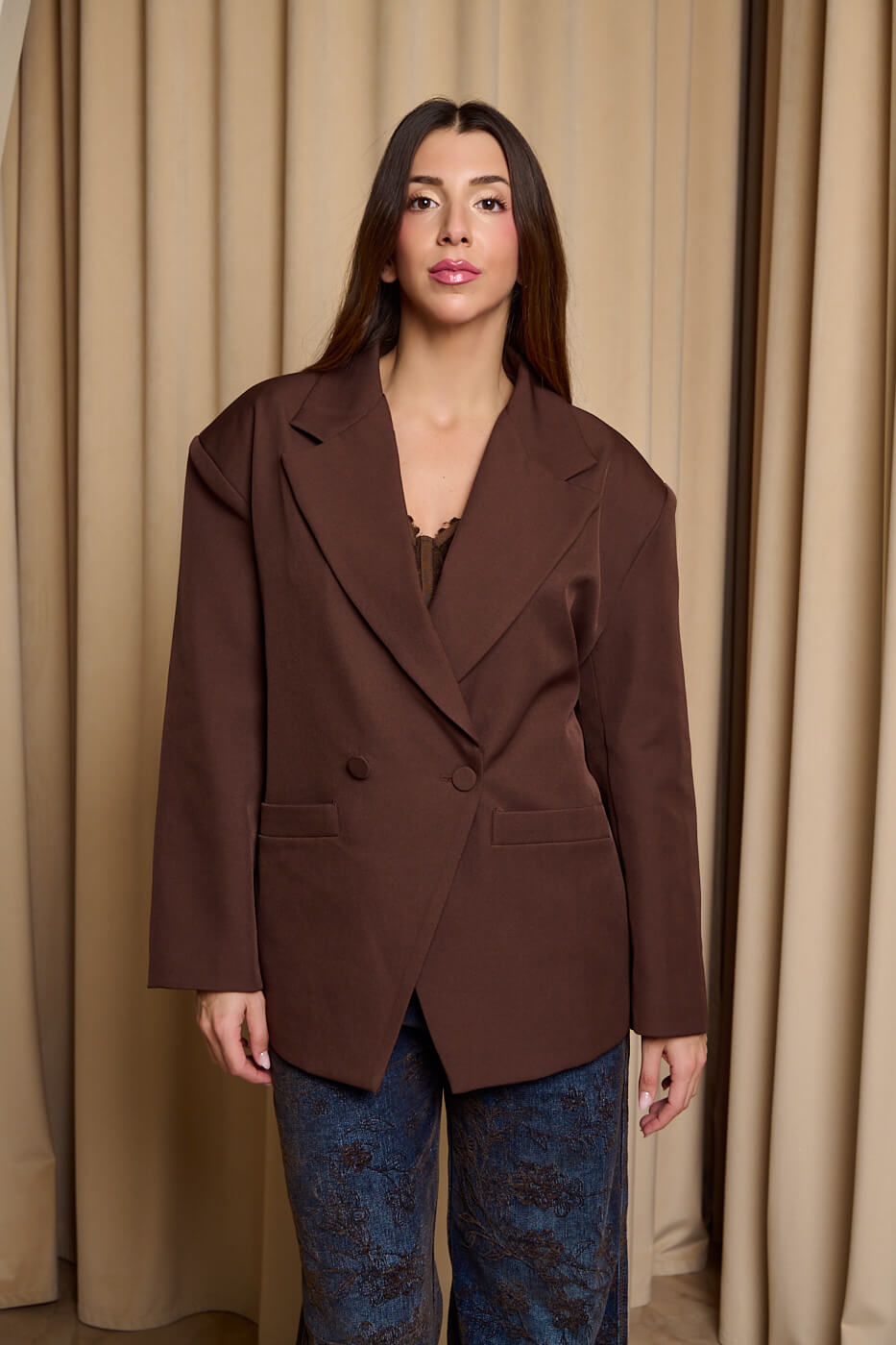 GA-2089 Σακάκι oversized με ζώνη καφέ