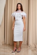 Φόρεμα midi με δαντέλα και πούπουλα άσπρο - Image 3