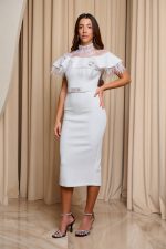 Φόρεμα midi με δαντέλα και πούπουλα άσπρο - Image 4