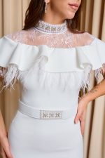 Φόρεμα midi με δαντέλα και πούπουλα άσπρο - Image 6