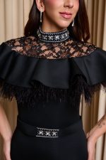 Φόρεμα midi με δαντέλα και πούπουλα μαύρο - Image 6