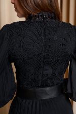 Φόρεμα midi πλισέ με δαντέλα και ζώνη μαύρο - Image 6