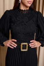 Φόρεμα midi πλισέ με δαντέλα και ζώνη μαύρο - Image 7