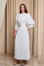 Φόρεμα midi πλισέ με δαντέλα και ζώνη άσπρο - Image 3