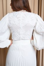 Φόρεμα midi πλισέ με δαντέλα και ζώνη άσπρο - Image 6