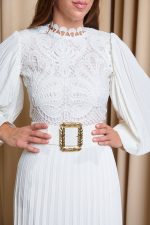 Φόρεμα midi πλισέ με δαντέλα και ζώνη άσπρο - Image 7