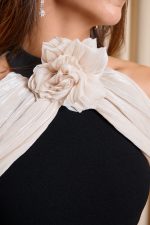 Φόρεμα midi με ψηλή λαιμόκοψη μαύρο - μπεζ - Image 6