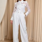 Σετ παντελόνι - πουκάμισο με δαντέλα άσπρο