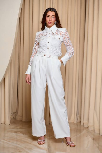 Σετ παντελόνι - πουκάμισο με δαντέλα άσπρο