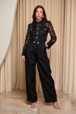 Σετ παντελόνι - πουκάμισο με δαντέλα μαύρο