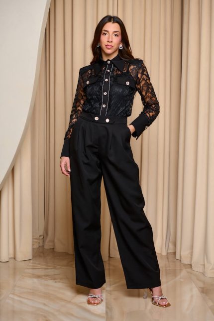 Σετ παντελόνι - πουκάμισο με δαντέλα μαύρο