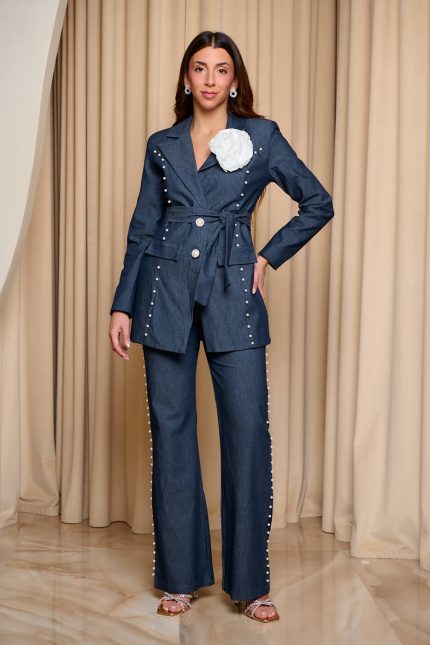 Σετ σακάκι - παντελόνι με πέρλες τζιν σκούρο