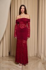 Φόρεμα maxi off shoulder με δαντέλα βουργουνδί - Image 2