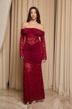Φόρεμα maxi off shoulder με δαντέλα βουργουνδί - Image 3