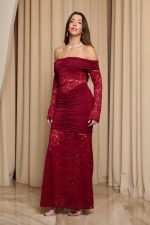 Φόρεμα maxi off shoulder με δαντέλα βουργουνδί - Image 5