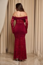 Φόρεμα maxi off shoulder με δαντέλα βουργουνδί - Image 6