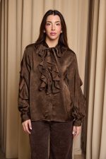 Πουκάμισο με βολάν και φιόγκο καφέ