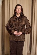 Πουκάμισο με βολάν και φιόγκο καφέ - Image 3