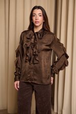 Πουκάμισο με βολάν και φιόγκο καφέ - Image 4