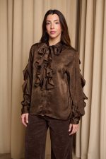 Πουκάμισο με βολάν και φιόγκο καφέ - Image 5