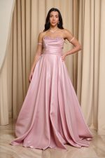 Φόρεμα Maxi Στραπλες Ταφτάς Γυαλιστερός με glitter στο μπούστο baby pink