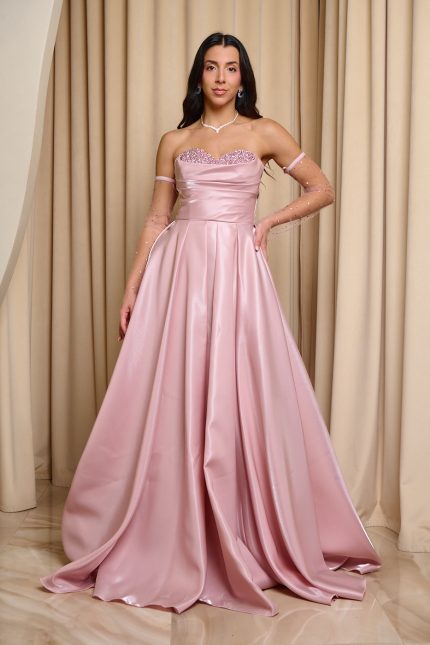 Φόρεμα Maxi Στραπλες Ταφτάς Γυαλιστερός με glitter στο μπούστο baby pink