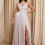 Φόρεμα maxi με πτυχώσεις και διακοσμημένους ώμους ιβουάρ