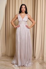 Φόρεμα maxi με πτυχώσεις και διακοσμημένους ώμους ιβουάρ - Image 2