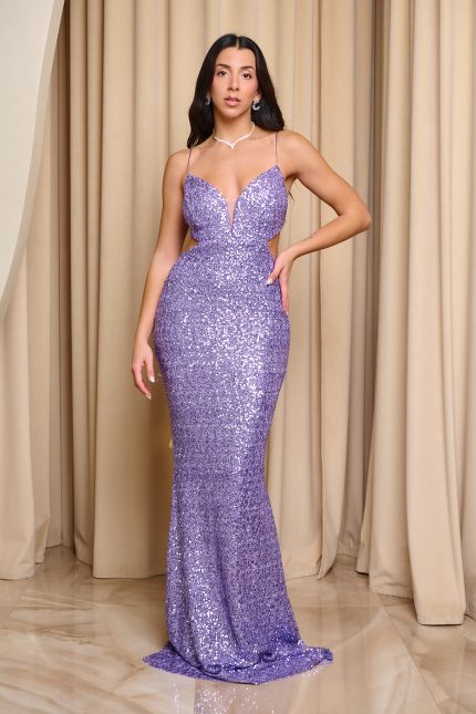 Φόρεμα maxi με παγιέτα και βαθύ V ντεκολτέ λιλά