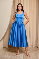 Φόρεμα midi σατέν με τιράντες indigo - Image 2