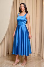 Φόρεμα midi σατέν με τιράντες indigo - Image 3