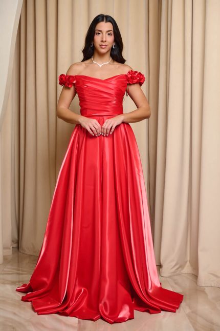 Φόρεμα maxi γυαλιστερός ταφτάς και τιράντες με λουλούδια κόκκινο