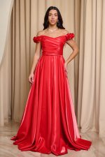 Φόρεμα maxi γυαλιστερός ταφτάς και τιράντες με λουλούδια κόκκινο - Image 2