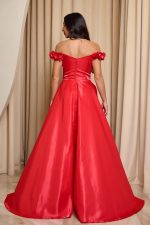 Φόρεμα maxi γυαλιστερός ταφτάς και τιράντες με λουλούδια κόκκινο - Image 4