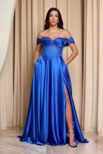Φόρεμα maxi σατεν off shoulder με κορσέ μπλε ρουά