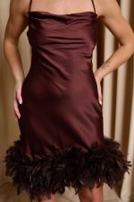 Φόρεμα mini σατέν με αποσπώμενα πούπουλα καφέ - Image 5