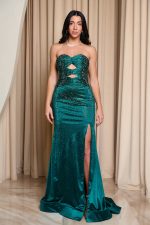 Φόρεμα maxi στραπλες γοργονέ με στρας και cut out κυπαρισσί - Image 2