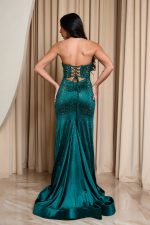 Φόρεμα maxi στραπλες γοργονέ με στρας και cut out κυπαρισσί - Image 5