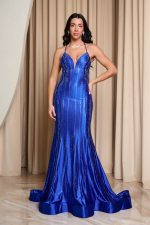 Φόρεμα maxi γοργονέ με στρας μπλε ρουα