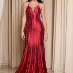 Φόρεμα maxi γοργονέ με στρας κόκκινο