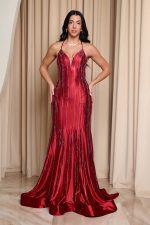 Φόρεμα maxi γοργονέ με στρας κόκκινο - Image 2