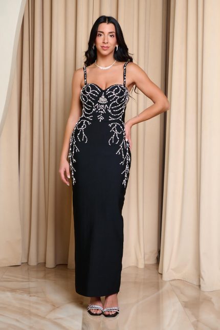 Φόρεμα maxi bandage με πέτρες και πέρλες μαύρο