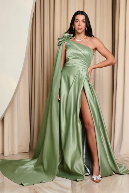 Φόρεμα maxi one shoulder με διακοσμητικό λουλούδι μέντα