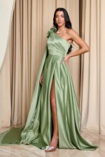 Φόρεμα maxi one shoulder με διακοσμητικό λουλούδι μέντα - Image 3