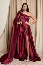 Φόρεμα maxi one shoulder με διακοσμητικό λουλούδι βουργουνδί