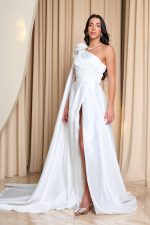 Φόρεμα maxi one shoulder με διακοσμητικό λουλούδι λευκό - Image 4